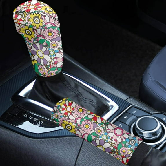 Renewold Neoprene Auto Handbrake Cover Gear Shift Knob Cover Set Car Interior Decor Accessories, Hippie Flower Colorful