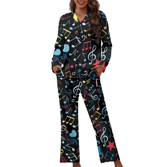 Renewold Novelty Colorful Notes Hearts Pajama Pjs for Fall Spring Winter Warm Women Athletic Clothing Button Loungewear Size M Thermal Long Sleeve Shirt & Pants Set of 2