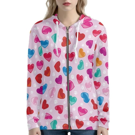 Renewold Novelty Full Zip Up Hoodies with Drawstring Comfort Hem Crewneck Sweatshirt with Hood Valentine's Day Paw Colorful Hearts Women Recreation Jackets Size M