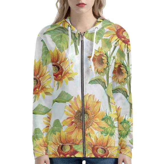 Renewold Novelty Hoodie Gymnasium Full-Zip Workout Tops with Kangaroo Pockets Fall Sunflowers Graphic Active Sweatshirt Coat Recreation Jackets for Women,Size M