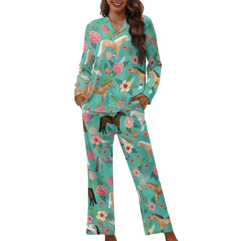 Renewold Novelty Horse Flowers Button Pajama Pjs Warm Women Long Sleeve Tee Pants Set of 2 Soft Nightwear Loungewear for Spring Fall Winter Thermal