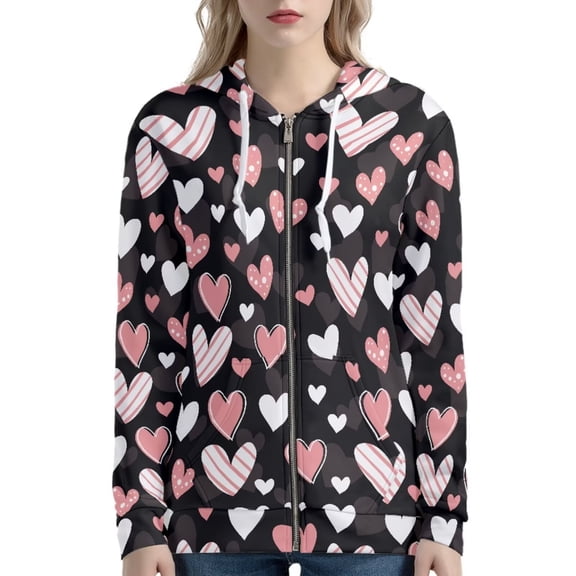 Renewold Novelty Long Sleeve Hoodies for Women Size S Lightweight Pink Heart Sports Outfits Valentine's Day Full Zip Up Sweatshirt Jackets with Drawstring
