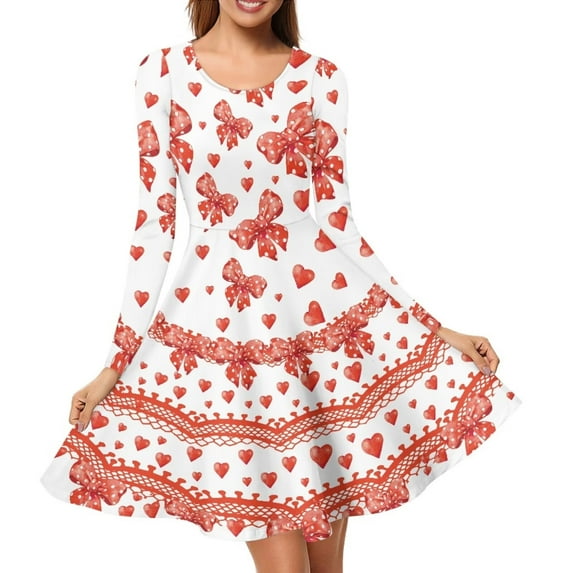 Renewold Novelty Long Sleeve Women Dresses for Party Shoping Club Valentine's Day Gifts Twirl Dresses Red Bow Heart O Neck A Line Swing Midi Dress Size M