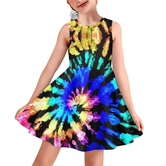 Renewold Novelty Tank Top Dress Loose Knee Length Sleeveless Sundress for Toddle Rainbow Whilpool Tie Dye Self Cultivation Dresses Teen Girls Outfits Size 5-6