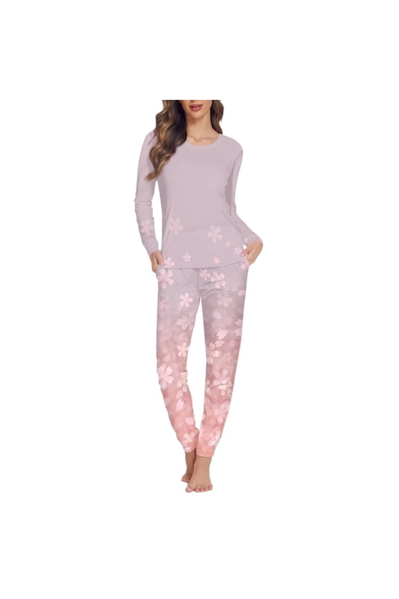 Novelty Women Pjs Pajamas Scoop Neck Sakura Print Nightwear Set with Pockets Comfort Fall Outfits,Size 4XL Daily Wear Down Sleepwear Warm Athletic Clothing,2-Pieces