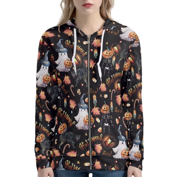 Renewold Novelty Zipper Hoodies & Sweatshirts for Fall Spring Winter Halloween Theme Women Preppy Drawstring Hooded Hoody Black Cats Ghosts Tops Jacket Size 4XL