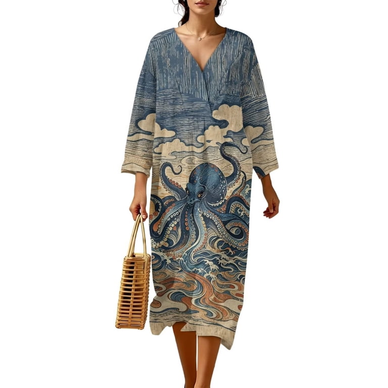 Renewold Octopus Cloud Print Casual Dresses for Women Traditional Japanese Aesthetic Dresses Breathable Loose Swing Oversized Dress Comfortable Fashion Tunic Sundress Swimsuit Coverup, 2XL