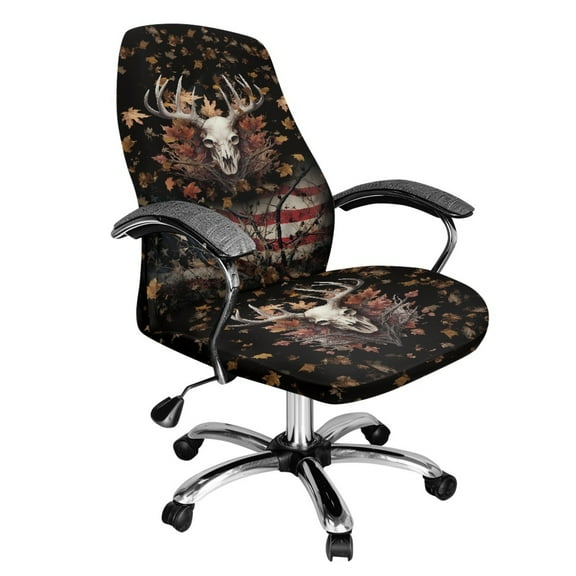 Renewold Office Computer Chair Cover Anti-slip Protective Boss Rotating Office Chair Cover Desk Chair Protector Cover with Elastic Bottom, Deer Skull American Flag Maple, L