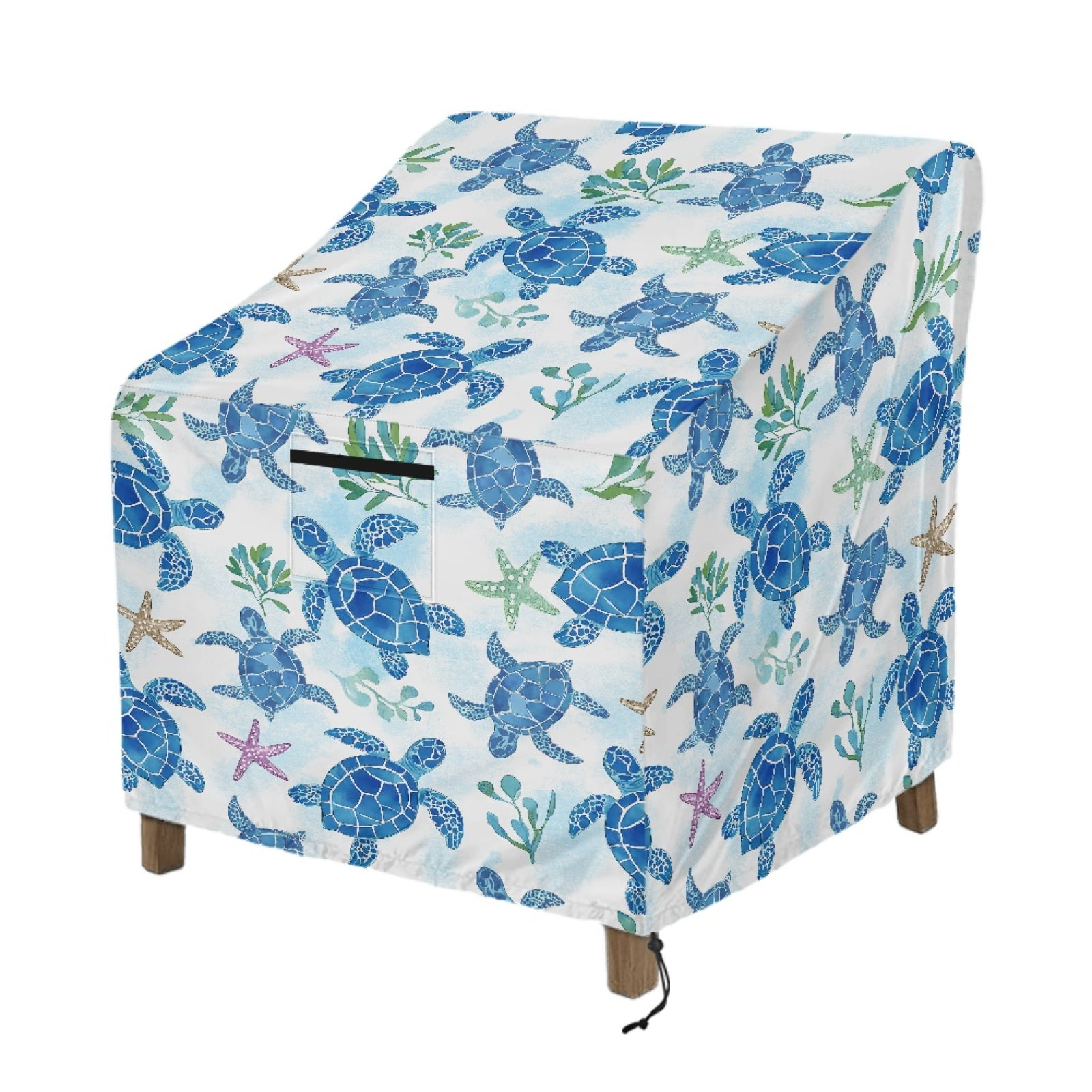 Renewold Outdoor Patio Chair Covers Dust Proof Water Resistant Swivel Lounge Chair Covers for 4-6 Stackable Dining Chairs Fits up to 29"W x 33"D x 36"H, Sea Turtle Starfish Blue