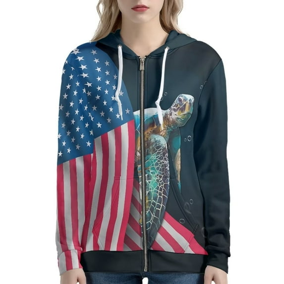 Renewold Oversize Zip Up Hoodies for Women Size 2XL Patriotic Retro American Flag Tops Sea Turtle Graphic Sweatshirts Elasticity Skin-friendly Jacket Outdoor Holiday Streetwear with Pocket