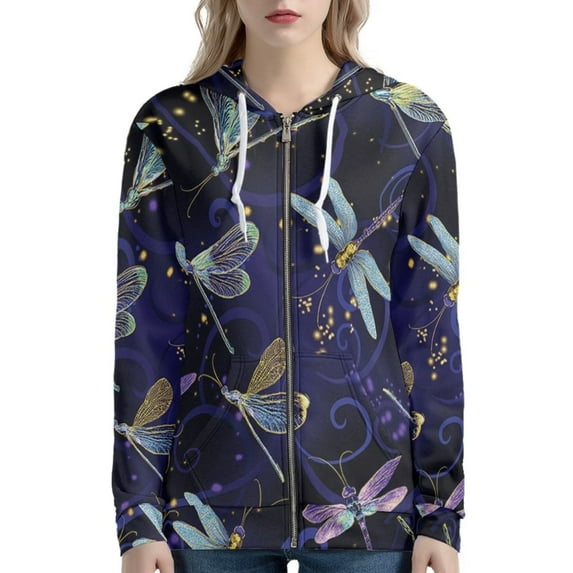 Renewold Oversized Regular Hoodie for Women Size S Long Zip Up Hoodies Night Natural Dragonflies Print Tops Polyester Wrinkle Resistant Fabric Jacket Fall Winter Warm Coat with Pocket