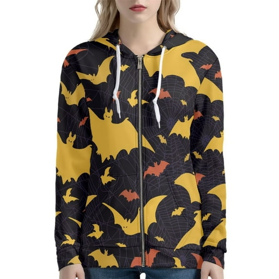 Renewold Oversized Web Bats Full-Zip Hoodies for Women Novelty Graphic Drawstring Long Sleeve Sweatshirts Size L Casual Crewneck Zipper Jacket,Halloween Day