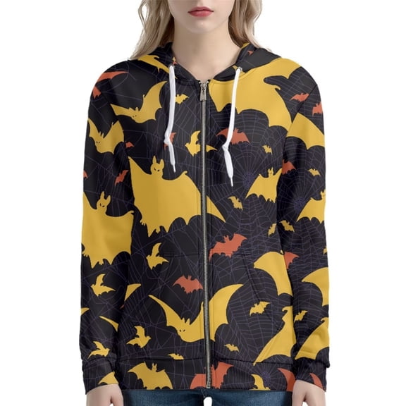 Renewold Oversized Web Bats Full-Zip Hoodies for Women Novelty Graphic Drawstring Long Sleeve Sweatshirts Size L Casual Crewneck Zipper Jacket,Halloween Day