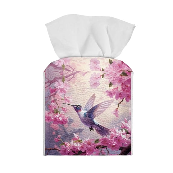 Renewold PU Leather Square Tissue Box Cover Aesthetic Flowers Hummingbird Tissue Box Holder for Vanity Countertop,Nightstand,Dinner Table,Office,Home Decor