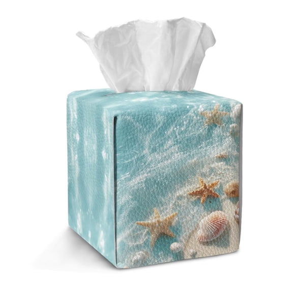 Renewold PU Leather Tissue Box Holder Decorative Anti-dust Tissue Box Cover Scratch-resistant PU Square Car Tissues Organizer for Hotel Restaurant Tabletop, Ocean Starfish Shell Print Blue