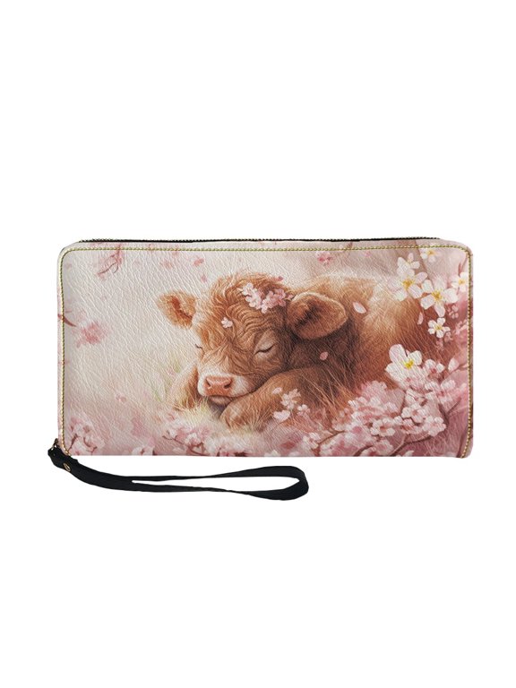PU Leather Wallet for Women Coin Bag with Wrist Strap Cash Card Holder Coins Pouch for Adults Women Ladies, Highland Cow Cherry Blossom