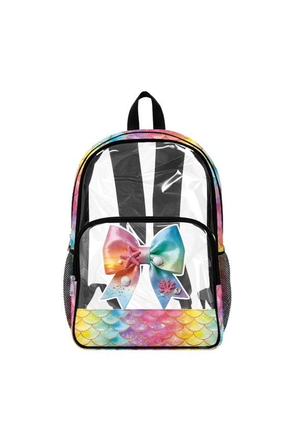 PVC Clear Backpack 17 In Wide Shoulder Straps Large Capacity Backpack See Through Bag for College Workplace Concerts Security Check Sports Events, Bow Starfish Shell Mermaid Scale Print