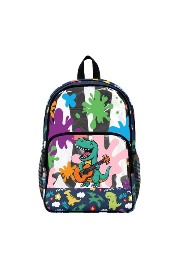 PVC Clear Backpack for School Wide Shoulder Straps Shoulder Bag T-Rex Pterosaur Pattern Large Laptop Backpack See Through Bag, Cartoon Dinosaur Graffiti Floral Cloud Print