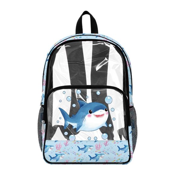 Renewold PVC Clear Bookbag 17 Inch Wide Shoulder Straps Large Capacity Backpack Adjustable Straps Clear Backpack for Preschool Kindergarten Elementary School, Shark Waterweed Fish Bubble Print Blue