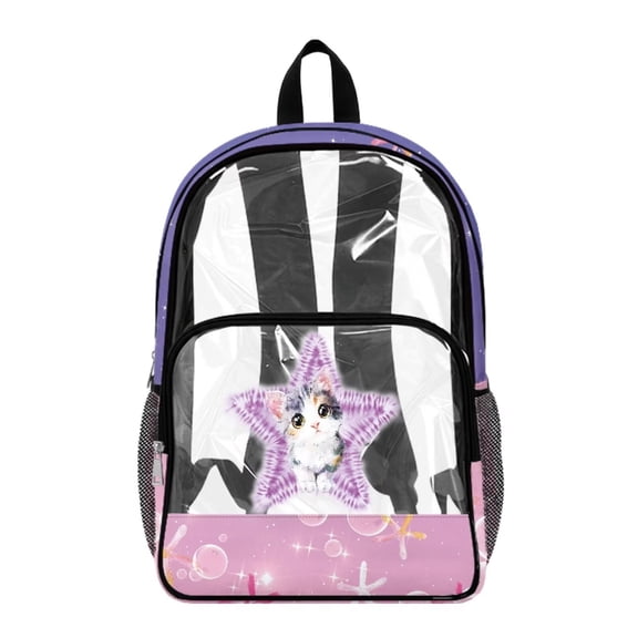 Renewold PVC Clear Bookbag 17 Inch Wide Shoulder Straps Large Capacity Backpack Adjustable Straps Clear Backpack for Preschool Kindergarten Elementary School, Cat Star Bubble Print Pink Violet