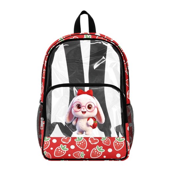 Renewold PVC Clear Bookbag 17 Inch Wide Shoulder Straps Large Capacity Backpack Adjustable Straps Clear Backpack for Preschool Kindergarten Elementary School, Cute Rabbit Strawberry Dot Print Red
