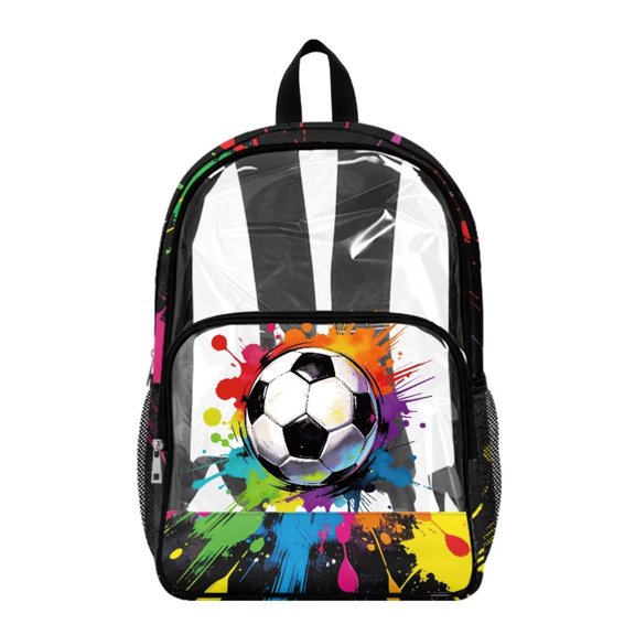 Renewold PVC Clear Bookbag 17 Inch Wide Shoulder Straps Large Capacity Backpack Adjustable Straps Clear Backpack for Preschool Kindergarten Elementary School, Soccer Splash Print