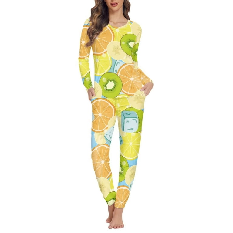 Renewold Pajamas Pants for Women Lady Lemon Kiwi Drink Printed Nightwear  Long Sleeve Scoop Neck Sleepwear Winter Outdoor Casual Pajama Lingerie Set 