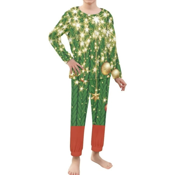 Renewold Pajamas Set for Teen Boys Girls 2 Pieces Christmas Leaves Ball Indoor Loungewear Walking/Yoga Pullover Sweatshirt Soft Long Sleeve Tee Top Size 3-4