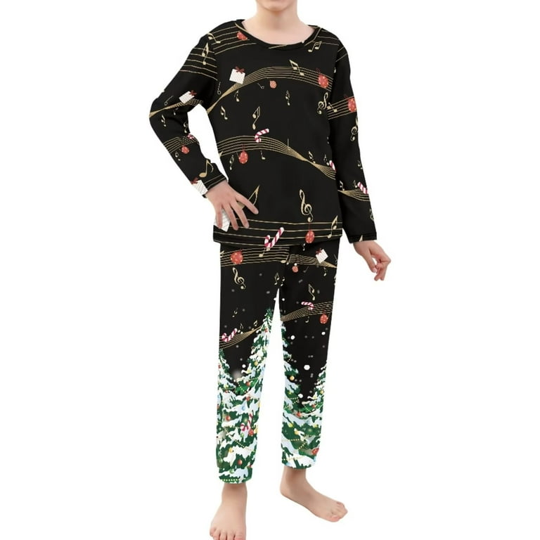 Renewold Pajamas Top & Pants Bottom Set of 2 Music Note Xmas Ball Thermal  Nightwear Loose Fitting Indoor Daily Wear Christmas Scoop Neck Sleepwear