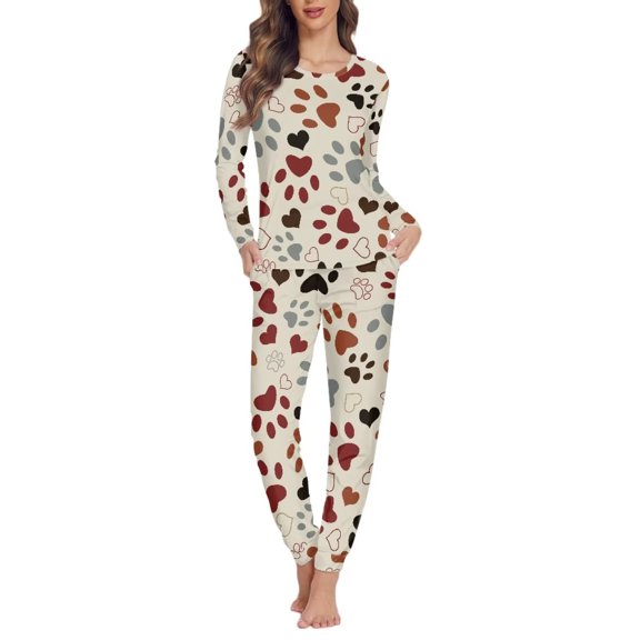 Renewold Pajamas for Women Set Off-White Paws Printed Shirts Long Sleeve Crew Neck Loungewear Fall Winter Casual Sleepwear Size L