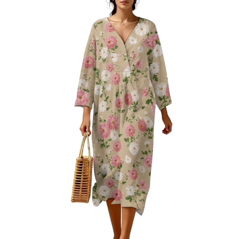 Renewold Pastoral Daisy Flower Print Women Casual Dress Floral Soft Flowy Dress Long Sleeve V Neck Oversized Beach Dresses for Womens Comfortable