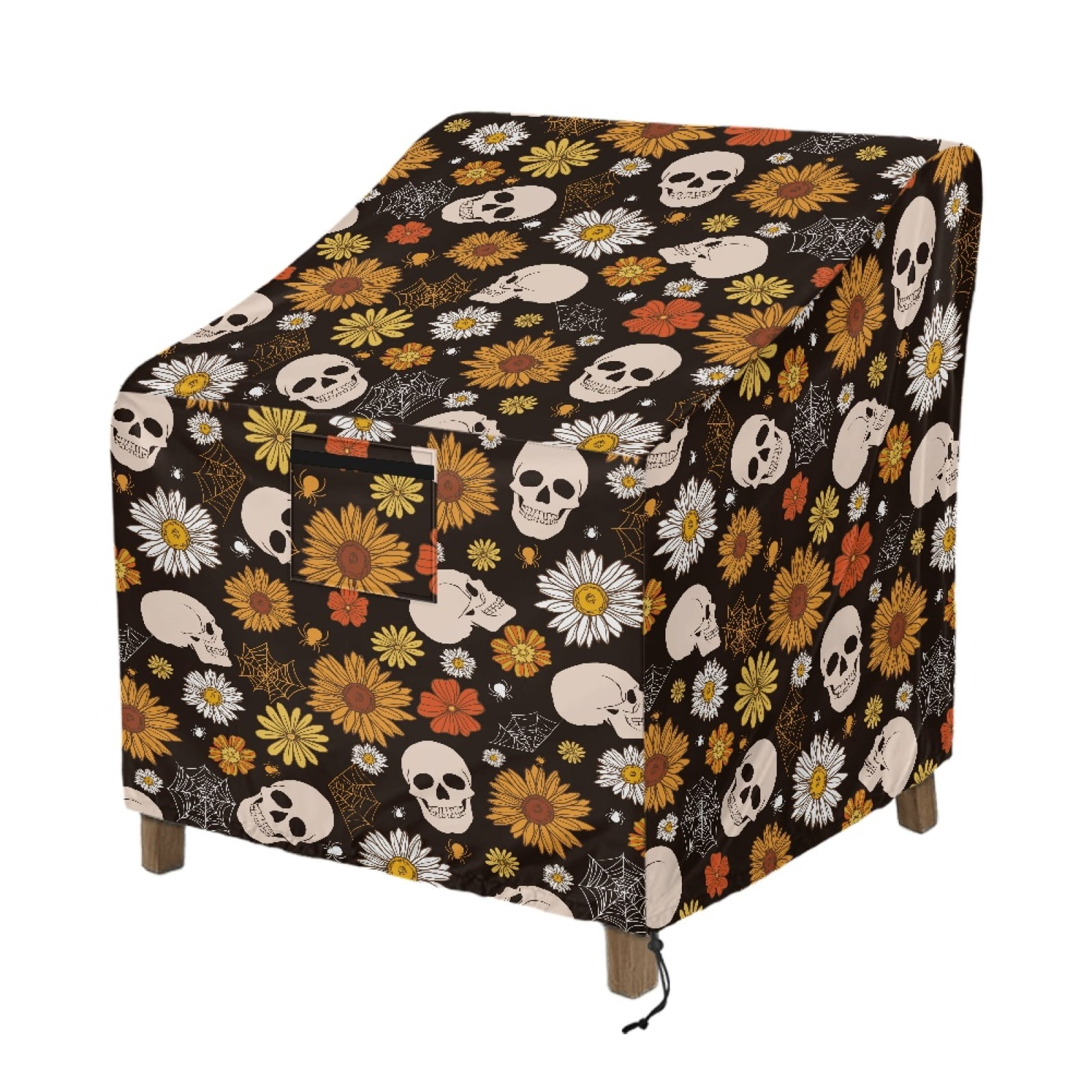 Renewold Patio Chair Covers Waterproof Dust Proof Stackable Patio Chair Covers Outdoor Lawn Patio Furniture Protection Halloween Decor, 38"W x 38"D x 36"H, Skull Sunflower Daisy Spider Web Print