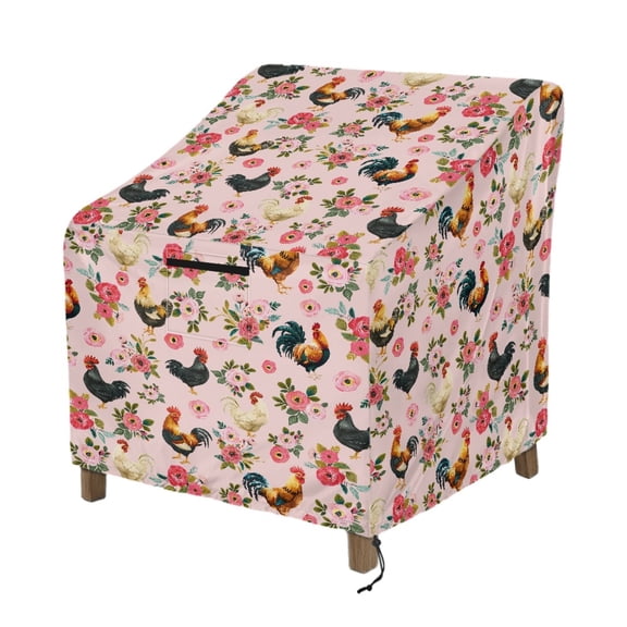 Renewold Patio Chair Covers Waterproof Dust Proof Stacking Seat Cover Outdoor Furniture Protection for 4-6 Stackable Dining Chairs, 32"W x 35"D x 36"H, Chicken Rooster Floral Pink