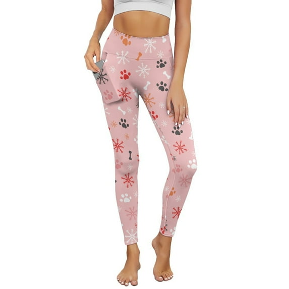 Renewold Paw Bone Snowflake Pink Pockets Yoga Leggings for Women Athletic Yoga Pants High Waist Scrunch Butt Lifting Printed Ankle Pants Casual Leggings 4 Way Stretch, M