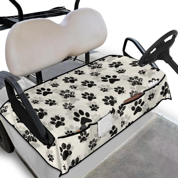 Renewold Paw Print Beige Golf Cart Seat Cover with Pockets Puppy Dog Cat Footprint Lightweight Soft Golf Accessories Compatible with EZGO Yamaha Club Cars and More 2 Person Seats