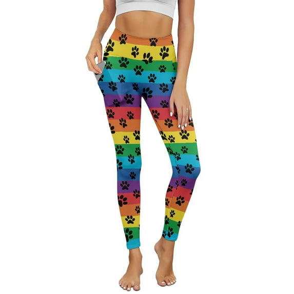 Renewold Paw Rainbow Stripe Leggings for Women with Pockets Buttery Soft Running Pants High Waisted Spandex Graphic Leggings Thick Essential Pants Scrunch Butt Lifting, XS