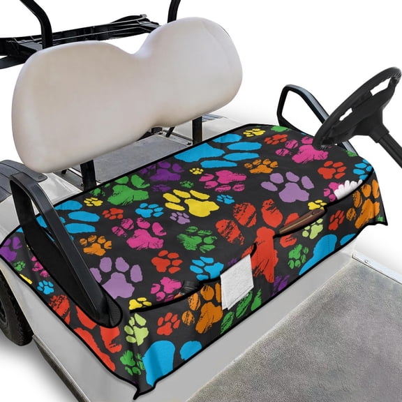 Renewold Paw Retro Colorful Golf Cart Seat Cover with Pockets, Puppy Dog Cat Footprint Universal Lightweight Sport Golf Blanket Accessories Keeps Seat Comfort and Clean Fit All Weather