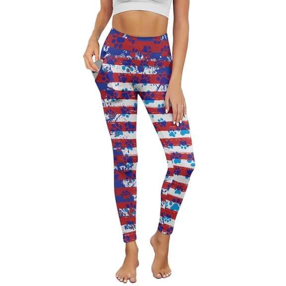 Renewold Paw Tie-dye Red White Stripe Yoga Leggings for Women with Pockets Trendy Running Yoga Pants High Waisted Tummy Control Graphic Pants Tights for Cycling Yoga Sports, L
