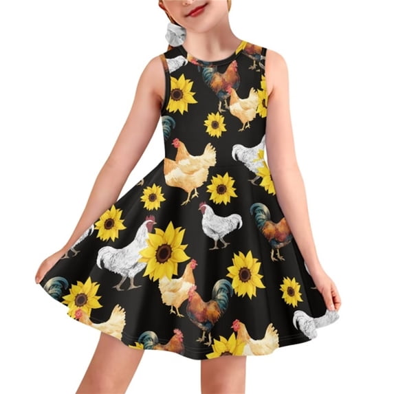 Renewold Personalized Sleeveless Beach Dresses for Birthday Gifts Chicken Sunflower Beach Party Mini Sundress Special Occasion Princess Dress for Girls 15-16T