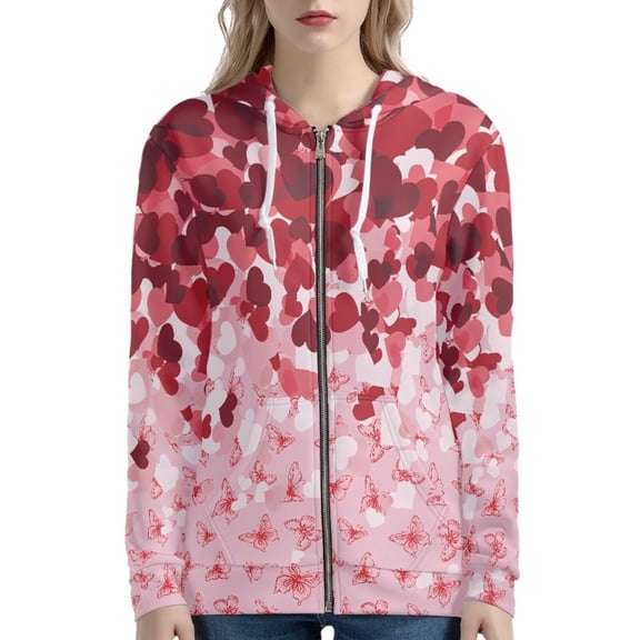 Renewold Personalized Zip-Up Hoodie Sweatshirt for Women Valentine's Day Cozy Butterfly Heart Long Sleeve Jackets Coat Comfortable Loose Outdoor Sport Outfits Size M