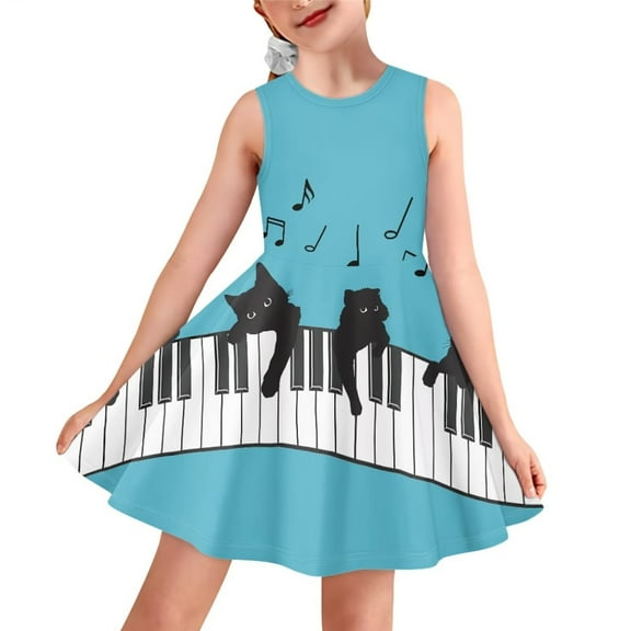 Renewold Piano Notes Tank Dress Kids Casual Cats Midi Dress, Blue Knee Length A-Line Skater Dress for Teens Gilrs Spring Summer Swing Twirl Sundress Size 7-8
