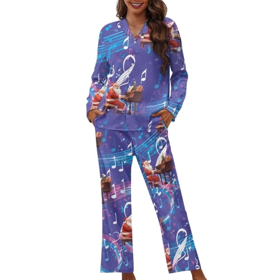 Renewold Piano Santa Button Pajama for Women Trendy Soft Christmas Theme Scoop Neck Pjs Pants Set of 2 Thermal Sleepwear Skin Friendly Nightwear Size XS