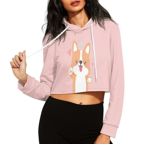Renewold Pink Crop Hoodie with Hood Fashion Cute Corgi Dog Round Neck Sweatshirt for Fall Spring Women Casual Pullover Gym Sportswear Y2K Streetwear Size M
