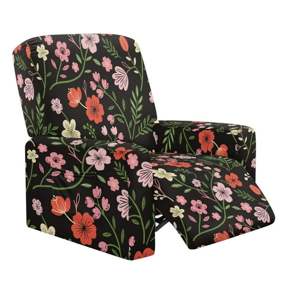 Renewold Pink Floral Black Reclining Sofa Cover Breathable Couch Chair Cover 4 Pieces Stretch Recliner Chair Cover Stay in Place Lazy Boy Chair Slipcover Home Decor