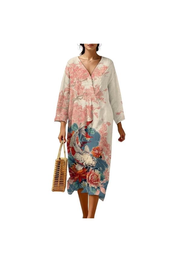 Pink Floral Koi Fish Print Women Trendy Kaftan Dresses Casual Dress Long Sleeve V Neck Maxi Dress for Women Asian Style Oversized Vacation Beachwear, M