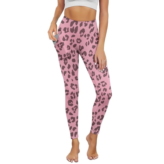Renewold Pink Grey Leopard Print Yoga Leggings for Women with Pockets Stretchy Fashion Exercise Yoga Pants High Waisted Full Length Graphic Pants for Running Cycling Yoga, M