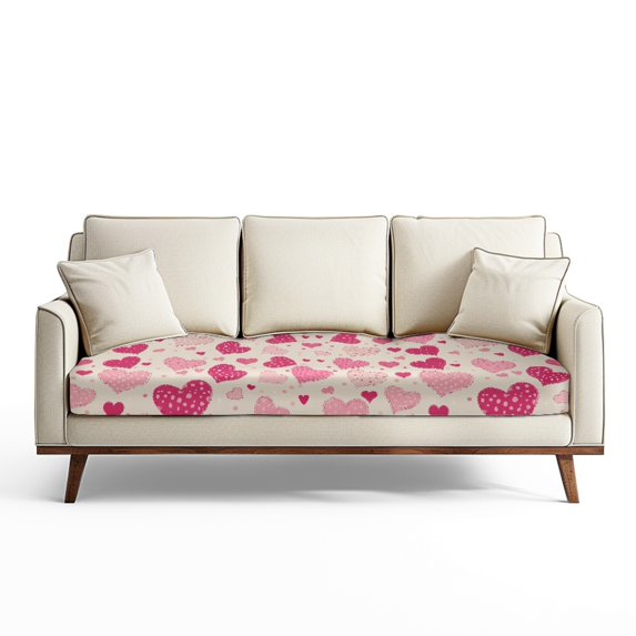 Renewold Pink Heart Beige Sofa Cushion Slipcover Elastic Couch Seat Cushion Cover Universal Couch Cover Protector Sofa Slipcover for Valentines Day Decor with Elastic Bands Washable, L
