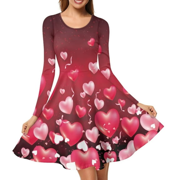Renewold Pink Heart Graphic Women Long Sleeve Dresses Plus Size 3XL Fall Winter Outdoor Play Tour Dresses Valentine's Day Elastic Waist Swing A-Line Dress