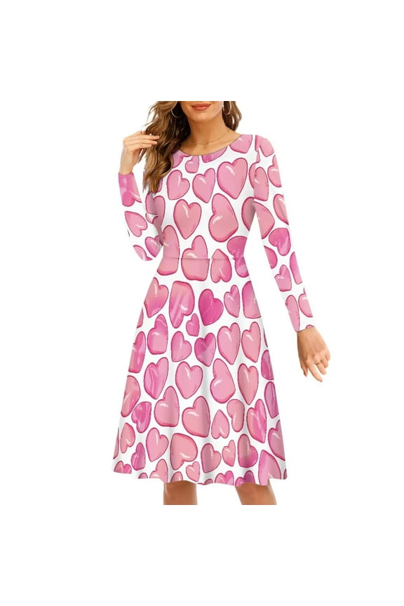 Pink Heart Holiday Long Sleeve Dress Size L Valentine's Day Long Sleeve Scoop Neck Twirl Swing Dresses Outdoor Party Play Outfits Fashion Women High Waistline Dress