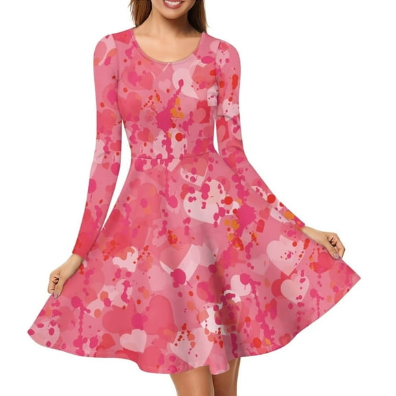 Renewold Pink Heart Painting Long Sleeve Dress for Women Formal Party Special Occasion Flowy Dresses Valentine's Day Fall Winter Going Out Twirly Skater Dress Size 3XL